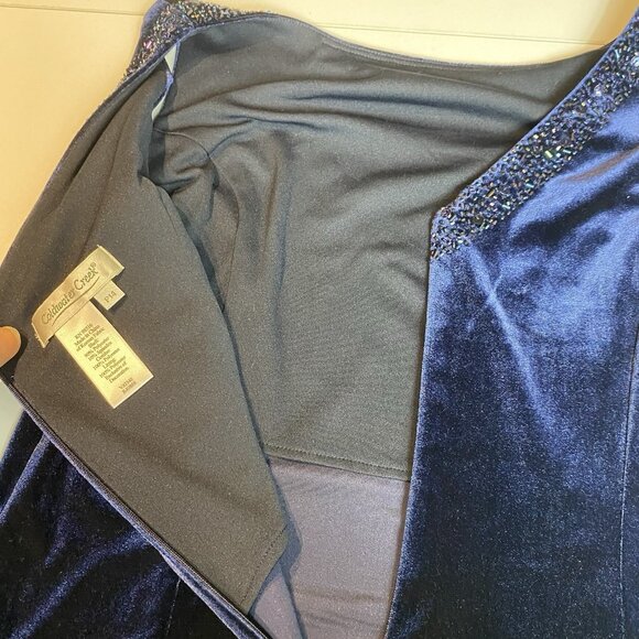 Coldwater Creek Dress Navy Blue Velvet Beaded Mesh Panel Hem Whimsigoth Sz 14P - Picture 12 of 13